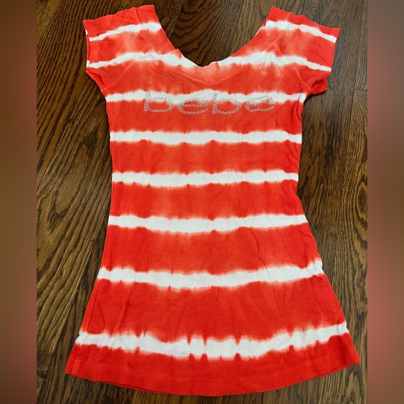 bebe red striped off the shoulder top - Picture 1 of 2